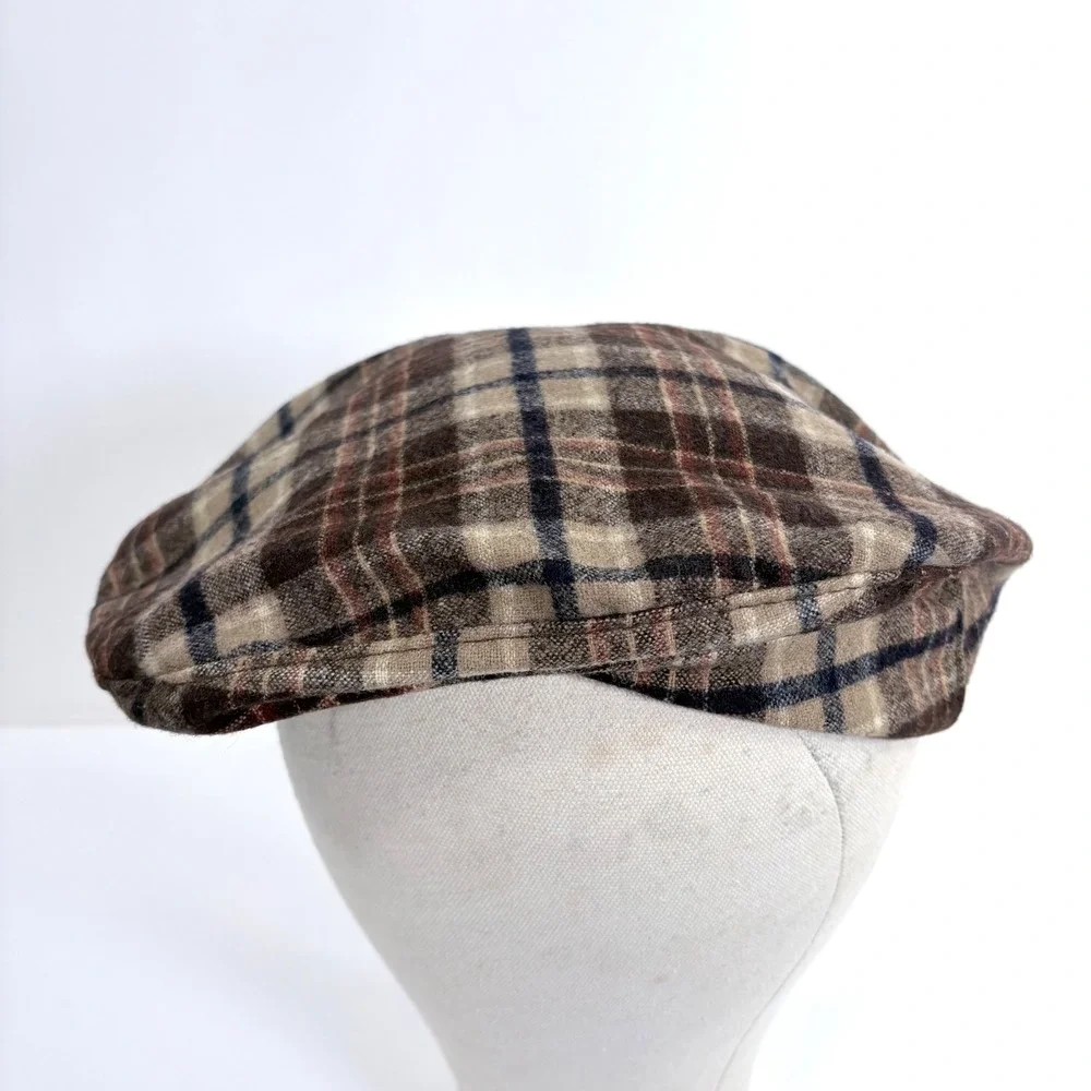 Vintage Pendleton Plaid Flat Cap Brown Tan Navy Blue Newsboy‎ Ivy Hat Size 7 Sm